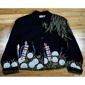 ANAGÉ Golf Theme Jacket M Art to Wear Embroidered Cotton Polka Dot Lining VTG